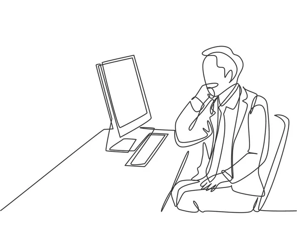 椅子に座ってコンピュータ画面上のデータを見ながら考えている若いスタートアップCeoの単一連続線画 ビジネス分析のコンセプト1ラインドローデザインベクトルイラスト — ストックベクタ