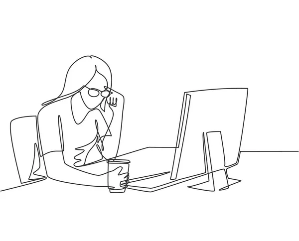 One Single Line Drawing Young Female Businesswoman Sitting Analyzing Data — Stock Vector