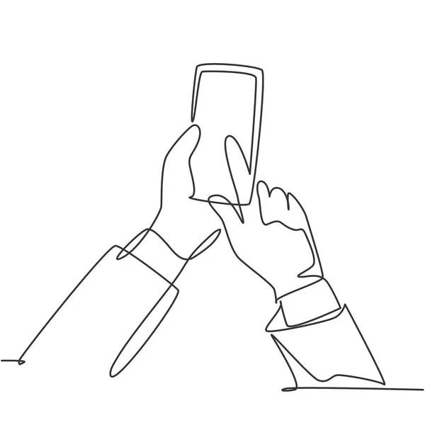 Dessin Ligne Continue Gestes Mains Tenant Touchant Écran Smartphone Pour — Image vectorielle
