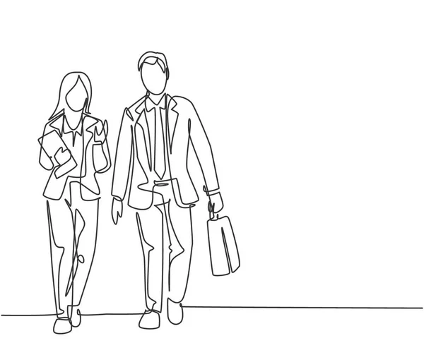 一对年轻夫妇的男女经理讨论公司成长的新战略计划 城市通勤工人概念连续线绘图设计图形矢量图 — 图库矢量图片
