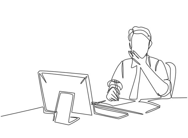 一张单行画的年轻沉思的商人坐在电脑屏幕上分析数据公司 业务分析写作概念连续线条绘制设计矢量图解 — 图库矢量图片