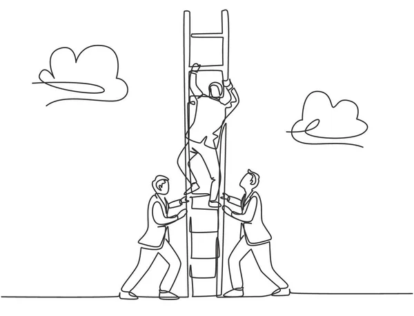 チームメンバーの一つの連続線画は 成功に到達するために空に到達するためにはしごを登るために彼らの指導者をサポートしています トレンドビジネスチームワークコンセプトシングルラインドローデザインベクトルイラスト — ストックベクタ