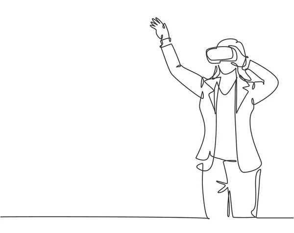 One single line drawing of young happy gamer businesswoman wearing virtual reality glasses and pointing finger. Smart technology futuristic game player concept continuous line draw vector design