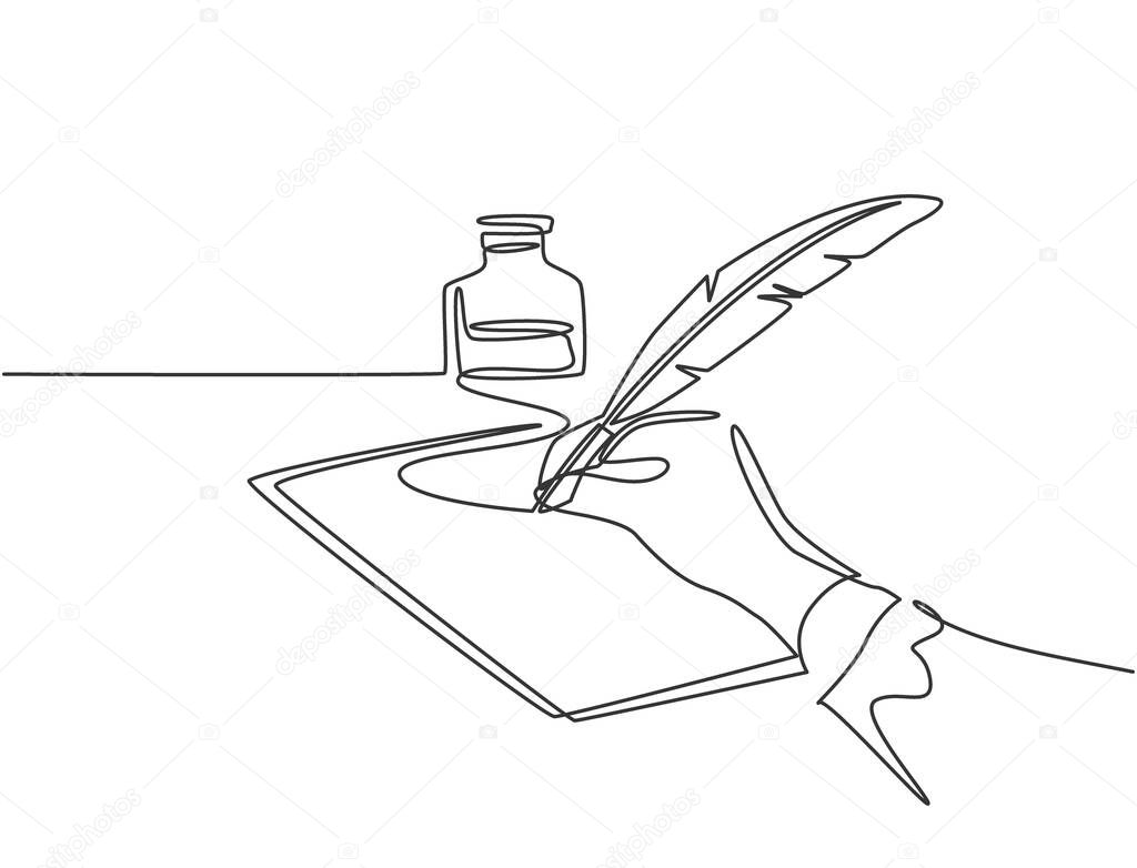 Single continuous line drawing of hand writing gesture with ink and quill pen on whiteboard. Retro handwriting concept. Trendy one line draw graphic design vector illustration
