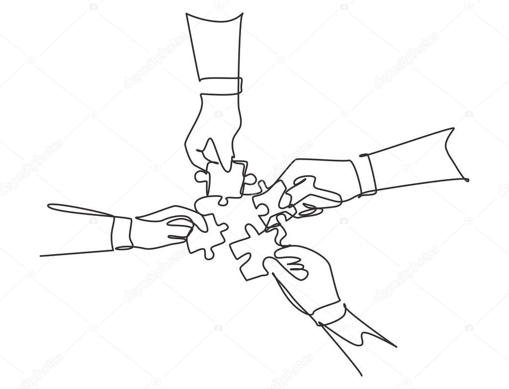 Single continuous line drawing of business team members unite puzzle pieces together to one as team building symbol. Employee teamwork concept. Trendy one line draw design vector graphic illustration 
