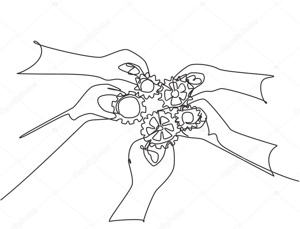 Single continuous line drawing of hand gesture male and female business team members unite piece of gears to one as team building symbol. Teamwork concept one line draw design vector illustration