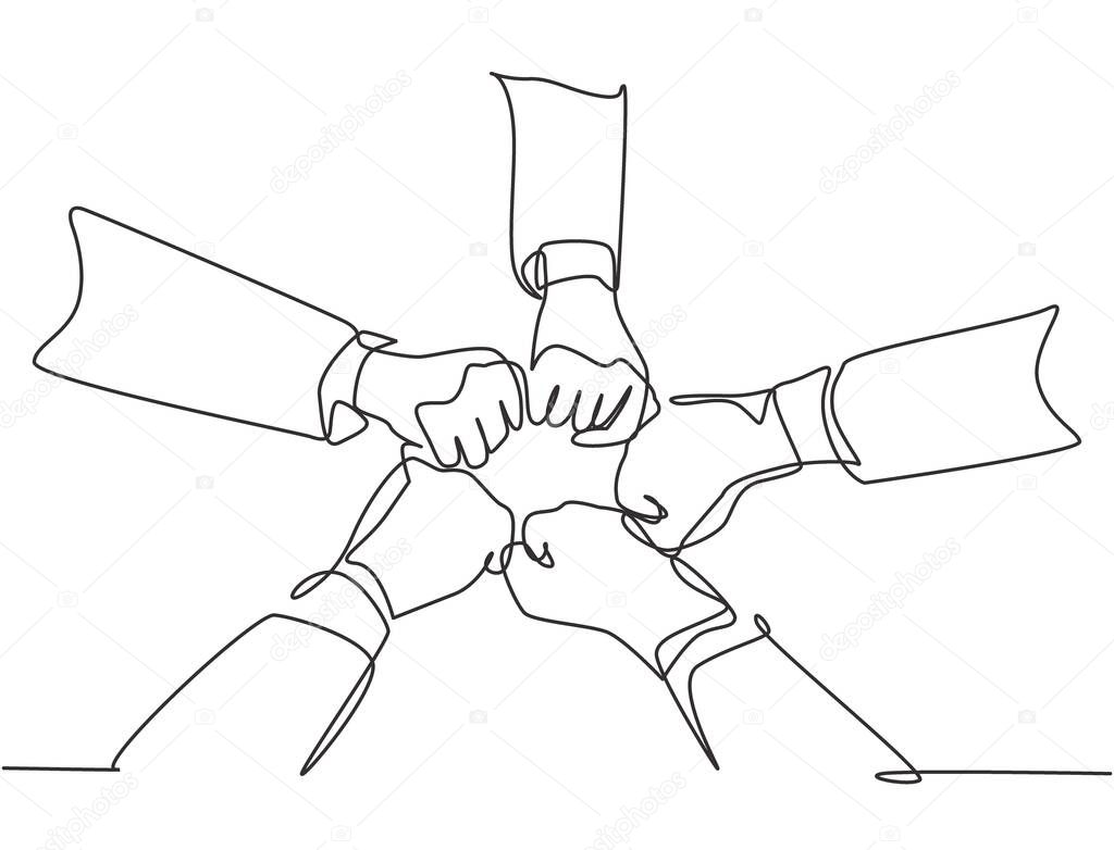 One continuous line drawing group of young male and female business people unite their hands together to form a five star shape. Unity teamwork concept single line draw design vector illustration