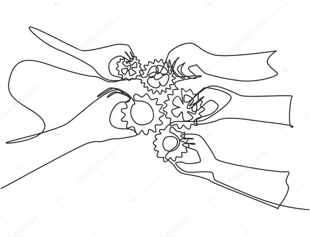 Single continuous line drawing of hand gesture business team members unite piece of gears to one as teamwork symbol. Unity working together concept one line graphic draw design vector illustration