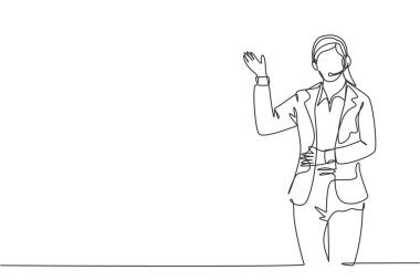Genç ve mutlu bayan danışmanın, ofiste izleyicilere sürekli konuşma yaptığı tek sıra çizimi. Moda konuşmacı sunum konsepti bir satır tasarım çizimi grafik illüstrasyonuName
