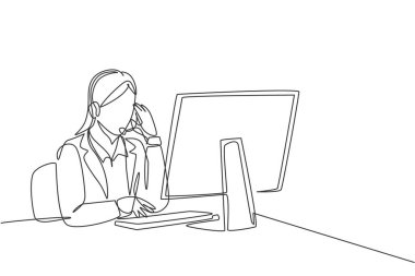Müşterinin şikâyetlerine cevap veren genç ve mutlu çağrı merkezi çalışanlarının tek sıra çizimi. Yardım masası merkezi konsepti bir çizgi grafik çizim vektör çizimi illüstrasyonuName