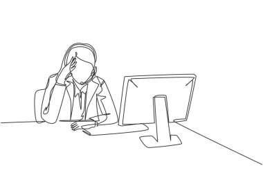 Bütün gün müşterilerin telefonlarına cevap veren kafası karışmış genç bayan müşteri hizmetleri çalışanlarının tek sıra çizimi. Yardım masası merkezi konsepti bir satır çizim vektör çizimi illüstrasyonu