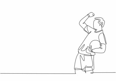 Genç futbolcunun sürekli çizdiği çizim golü kutluyor topu elinde tutuyor ve gökyüzüne yumruk atıyor. Hedef puanlama konsepti tek çizgi çizim vektör çizimi illüstrasyonu