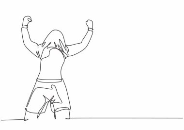 Genç futbolcunun gol atmasını kutlayan tek bir çizim sahadaki formayla başını örtüyor. Hedef kutlaması konsepti sürekli çizgi çizimi tasarım vektörü illüstrasyonu