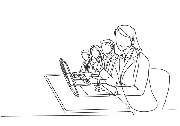 One Continuous Line Drawing Group Male Female Call Center Team — Stock Vector