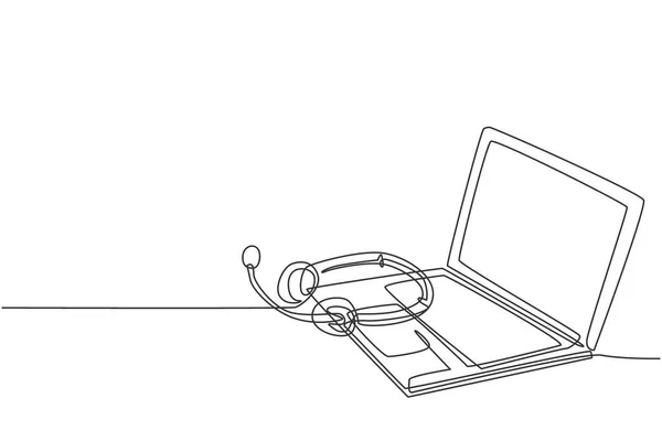Uma Única Linha Desenho Fone Ouvido Com Microfone Laptop Mesa —  Vetores de Stock