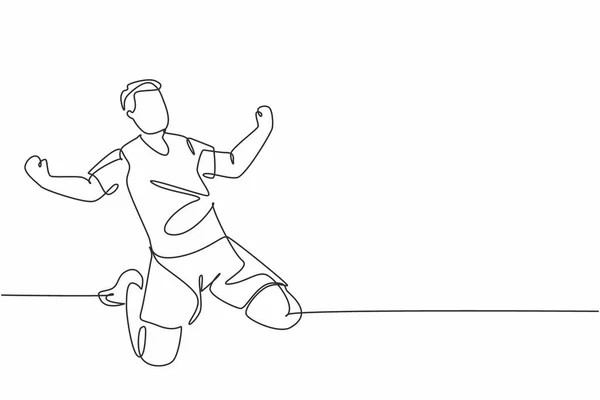 Eine Einzige Linienzeichnung Eines Sportlichen Jungen Fußballers Der Sein Toreschießen — Stockvektor