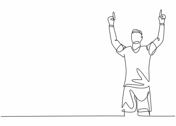 Jedna Čára Kreslení Mladý Fotbalista Cítí Vděčnost Ukazuje Prsty Obloze — Stockový vektor