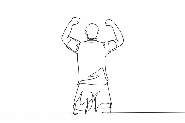 Один Сплошной Рисунок Спортивного Молодого Футболиста Поднимает Кулаки Небу Эмоционально — стоковый вектор