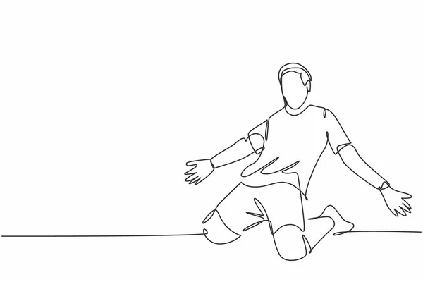 若いスポーティーなサッカー選手の一本の連続線画は 彼の腕を広げ フィールドにスライドします マッチゴールスコアリングお祝いのコンセプトシングルラインドローデザインベクトルイラスト — ストックベクタ