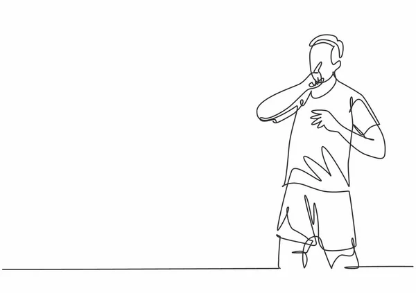 Una Sola Línea Continua Dibujo Joven Jugador Fútbol Deportivo Hace — Vector de stock