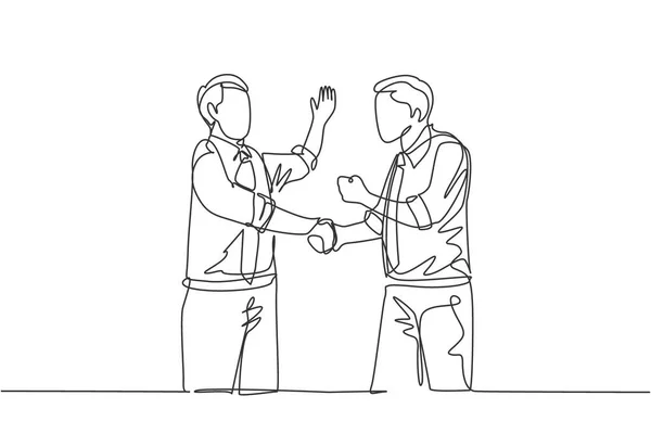 一张由两位年轻快乐的商人同事手握双手进行的队伍合作的单行画 业务协议庆祝概念连续线条绘图设计矢量说明 — 图库矢量图片