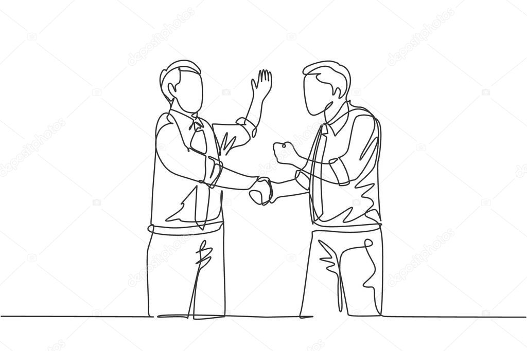 One single line drawing of two young happy businessmen colleagues shaking their hands to deal teamwork. Business agreement celebration concept continuous line graphic draw design vector illustration