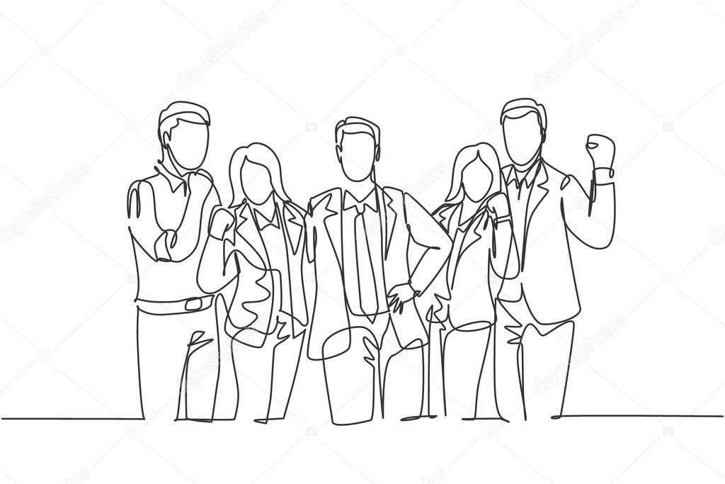 Single continuous line drawing of young happy male and female executive managers line up neatly on office room together. Business teamwork celebration concept one line draw design vector illustration
