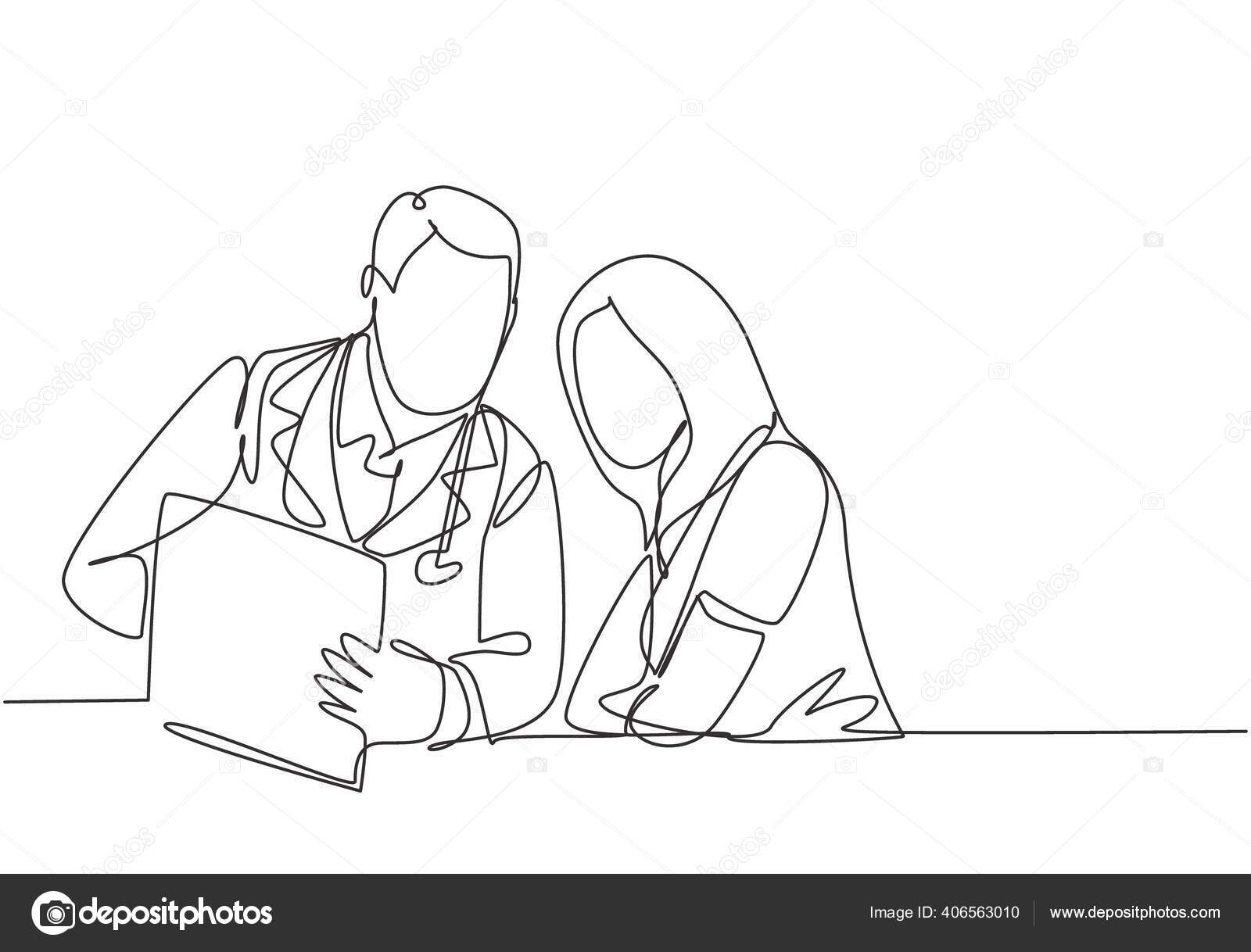 um desenho de linha de grupos de jovens médicos felizes fazendo gesto de  polegar para o melhor serviço de saúde no hospital. conceito de trabalho de equipe  médica. ilustração em vetor desenho