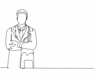 Genç ve mutlu erkek doktorun tek sıra çizimi elini göğsüne vurarak erkekçe duruyor. Tıbbi sağlık hizmetleri çalışanları konsepti bir çizgi tasarım vektörü grafik çizimi