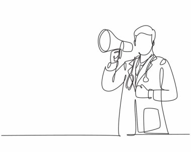 Genç erkek doktorun bir şeyi işaret ettiği ve hastanede megafon hoparlörü tuttuğu tek sıra çizimi. Sağlık çalışanları konsepti bir çizgi tasarım vektörü illüstrasyonu