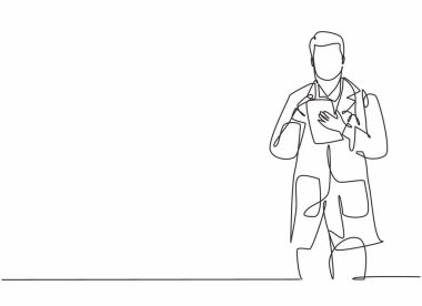 Elinde tablet tutarken hastaya doğru ilacı düşünen genç doktor çizimleri. Tıbbi sağlık çalışanları konsepti bir çizgi tasarım vektörü çizimi illüstrasyonu