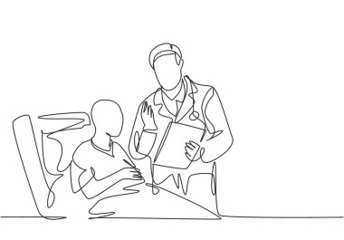 Genç erkek doktorun çizdiği tek bir çizim, hastane yatağında yatan yaşlı kanser hastasıyla pozitif sağlık sürecini tartışıyor. Tıbbi bakım konsepti devamlı çizgi çizimi tasarım vektörü çizimi