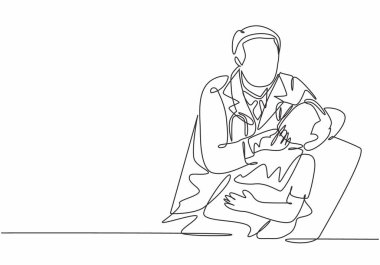 Genç bir erkek dişçinin dişçiye yaptığı tek bir çizim ve dişçi kliniğinde küçük bir çocuğun dişini çekmek. Diş tedavisi sağlık hizmeti konsepti kesintisiz çizgi tasarım vektörü çizimi illüstrasyonu