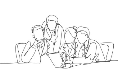 Tek sıra halinde bir grup erkek ve kadın doktor hastane odasında hastaların hastalıklarını tartışıp teşhis ediyorlar. Tıbbi toplantı konsepti tek çizgi tasarım vektörü illüstrasyonu