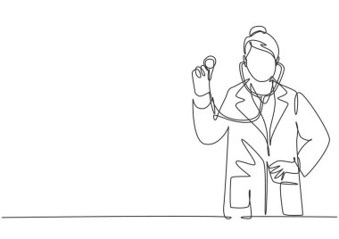 Genç ve mutlu bir bayan doktorun çizdiği tek bir çizim, hastanede steteskop tutarken ve dikilirken poz veriyor. Tıbbi sağlık hizmeti mükemmelliği konsepti kesintisiz çizgi tasarım vektörü çizimi illüstrasyonu