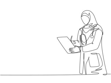 Genç Arap muslimah doktorunun tesettür giyip hastanedeki panoya tıbbi rapor yazdığı tek bir çizim. Tıbbi sağlık konsepti devamlı çizgi çizimi tasarım vektörü illüstrasyonu