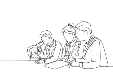 Doktorun sürekli çizdiği bir çizim enfekte olmuş hastanın kan örneğini laboratuvar mikroskobuyla analiz edip kovan aşısı buluyor. Coronavirus tıbbi araştırması. Tek çizgi çizimi tasarım vektör çizimi