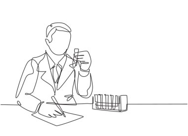 Laboratuvarda kovid 19 aşısını bulmak için genç erkek laboratuvar yazıları yazan antibiyotik formülünün kesintisiz çizimi. Coronavirus tıbbi araştırma konsepti bir satır tasarım illüstrasyonu