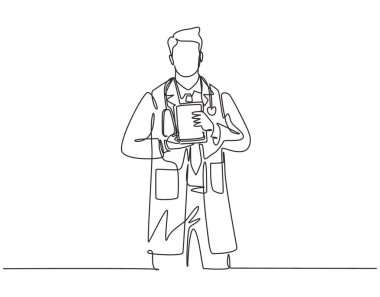 Genç ve zeki erkek doktorun hastayı iyileştirmek için yenilik teknolojisi ile ilgili ödüller verdiği tek sıra çizimi. Tıbbi icat başarı konsepti bir satır çizim vektör illüstrasyonu