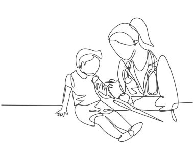 Genç erkek hastaya aşı aşılayan kadın pediatri doktorunun sürekli çizimi. Tıbbi sağlık tedavisi kavramı bir çizgi tasarım vektörü illüstrasyonu