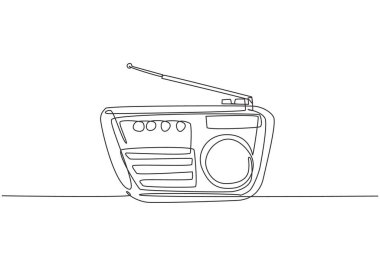 Eski moda radyonun aralıksız bir çizimi. Klasik klasik analog yayın teknolojisi konsepti. Moda tek çizgi grafik tasarım vektörü illüstrasyonu