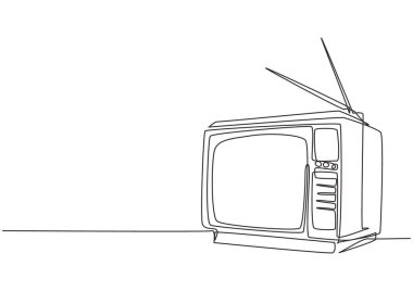 Ahşap çantalı ve dahili antenli eski moda bir televizyon çizimi. Klasik analog televizyon konsepti. Tek çizgi tasarım vektörü çizimi çizimi.