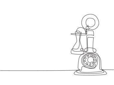 İletişim kurmak için eski, antika, analog bir duvar telefonunun kesintisiz çizimi. Retro klasik telekomünikasyon aygıtı konsepti tek çizgi çizim grafik tasarım vektörü illüstrasyonu