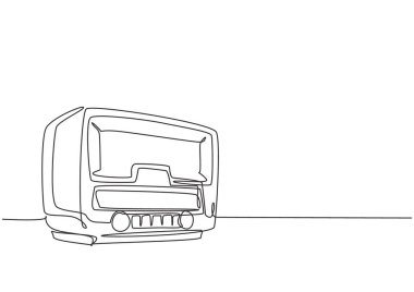 Eski moda analog radyonun aralıksız çizimleri. Klasik vintage yayın teknolojisi konsepti. Müzik çalar tek çizgi grafik tasarım vektörü illüstrasyonu