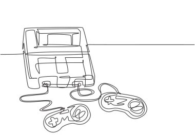 Kontrollü eski klasik atari oyunu oyuncusunun aralıksız çizimi. Klasik oyun konsolu konsepti tek çizgi çizim vektör çizimi grafiği