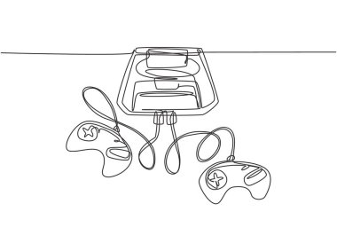 Eski klasik konsol oyun makinesinin tek satır çizimi. Klasik oyun öğesi konsepti sürekli çizgi çizimi grafik çizimi illüstrasyonuName