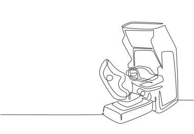 Eski klasik tekerlekli araba yarışları video oyun makinesinin aralıksız çizimi. Antika oyun konsepti bir satır çizim vektör grafik çizimi