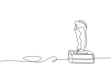 Eski klasik konsol oyun joystick 'inin aralıksız çizimi. Antika atari oyunu denetleyici unsur konsepti tek çizgi çizim grafik çizim çizimi illüstrasyonu