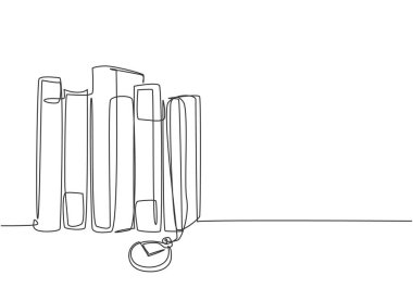 Cep analog saatinin asılı olduğu eski klasik kitaplardan oluşan tek bir çizgi. Klasik kütüphane öğesi konsepti sürekli çizgi çizimi tasarım vektörü çizimi grafiği