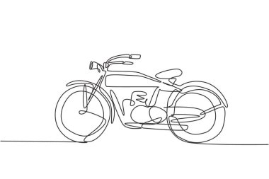 Eski model motorsikletin tek bir çizimi. Klasik motosiklet taşıma konsepti devamlı çizgi çizimi tasarım vektör çizimi illüstrasyonu